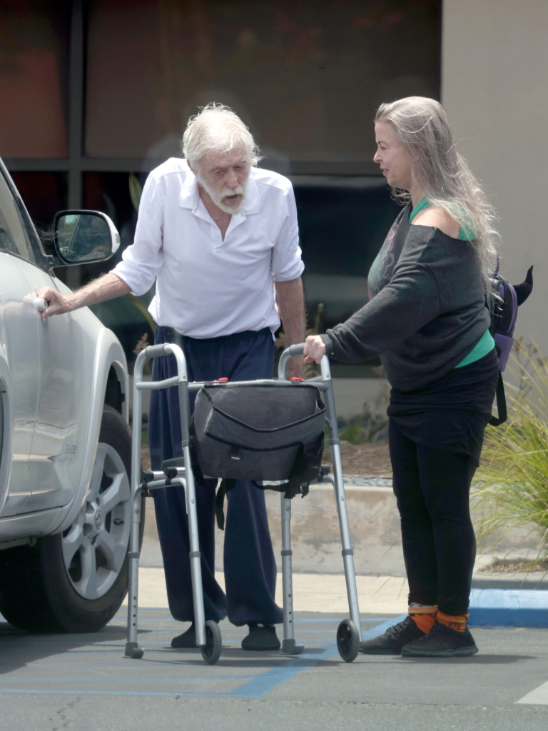 Dick Van Dyke, wearing a white polo shirt and blue pants, stands with a walker next to a car and his wife, Arlene Silver, who wears an off-the-shoulder dark gray top and black leggings.