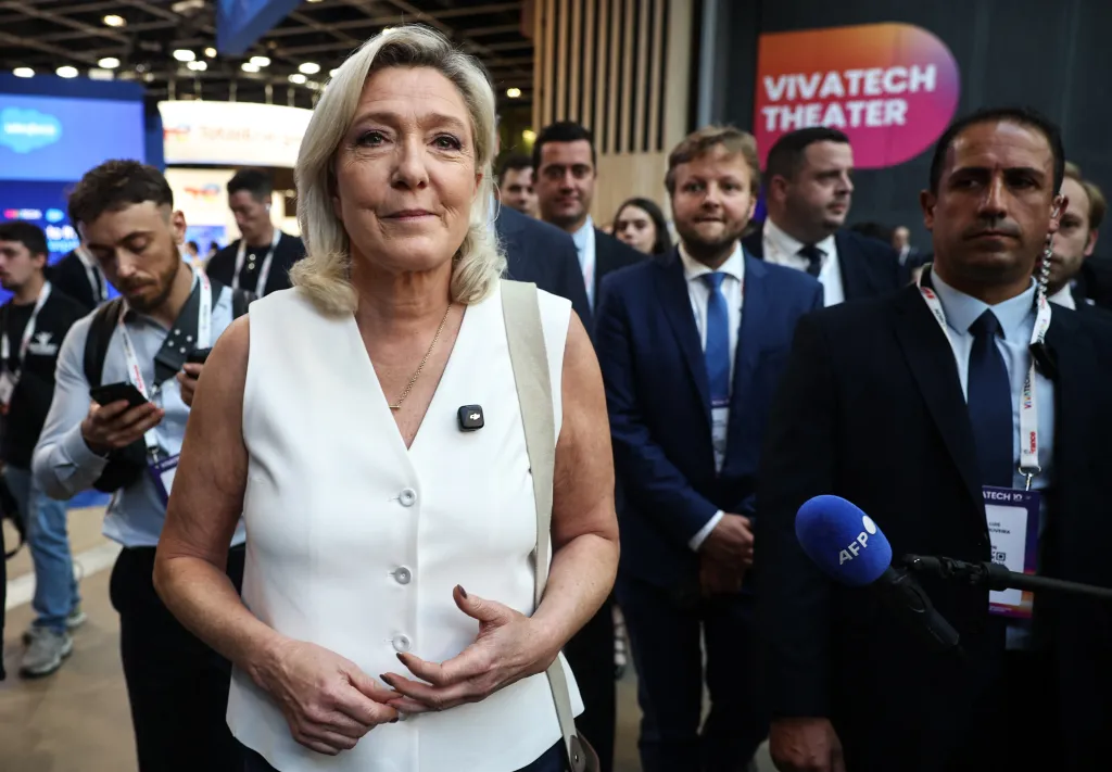 Marine Le Pen speaking to the press at the VivaTech fair.