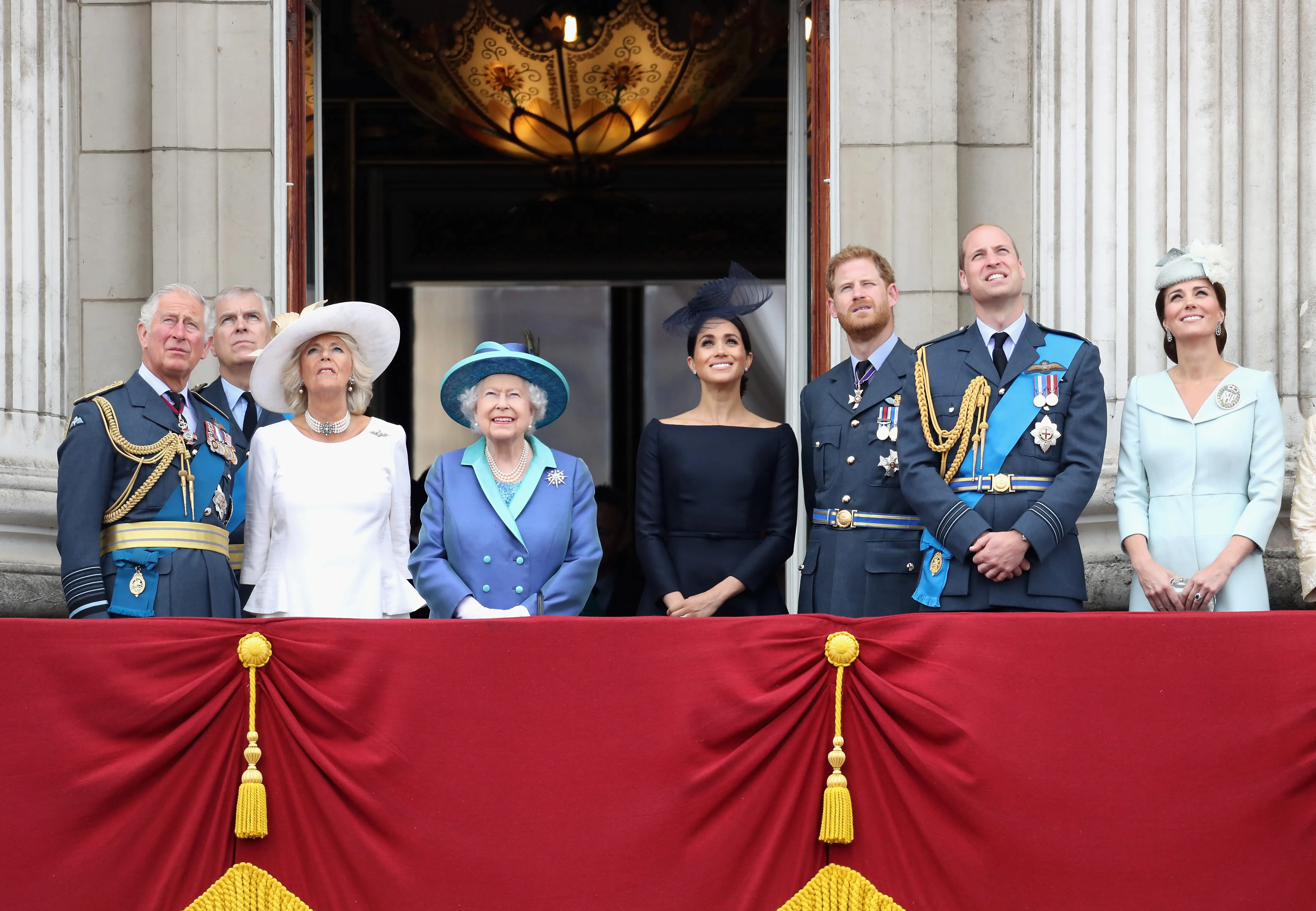 Charles, Camilla, Queen Elizabeth, Meghan Markle, Prince Harry and Prince William in 2018