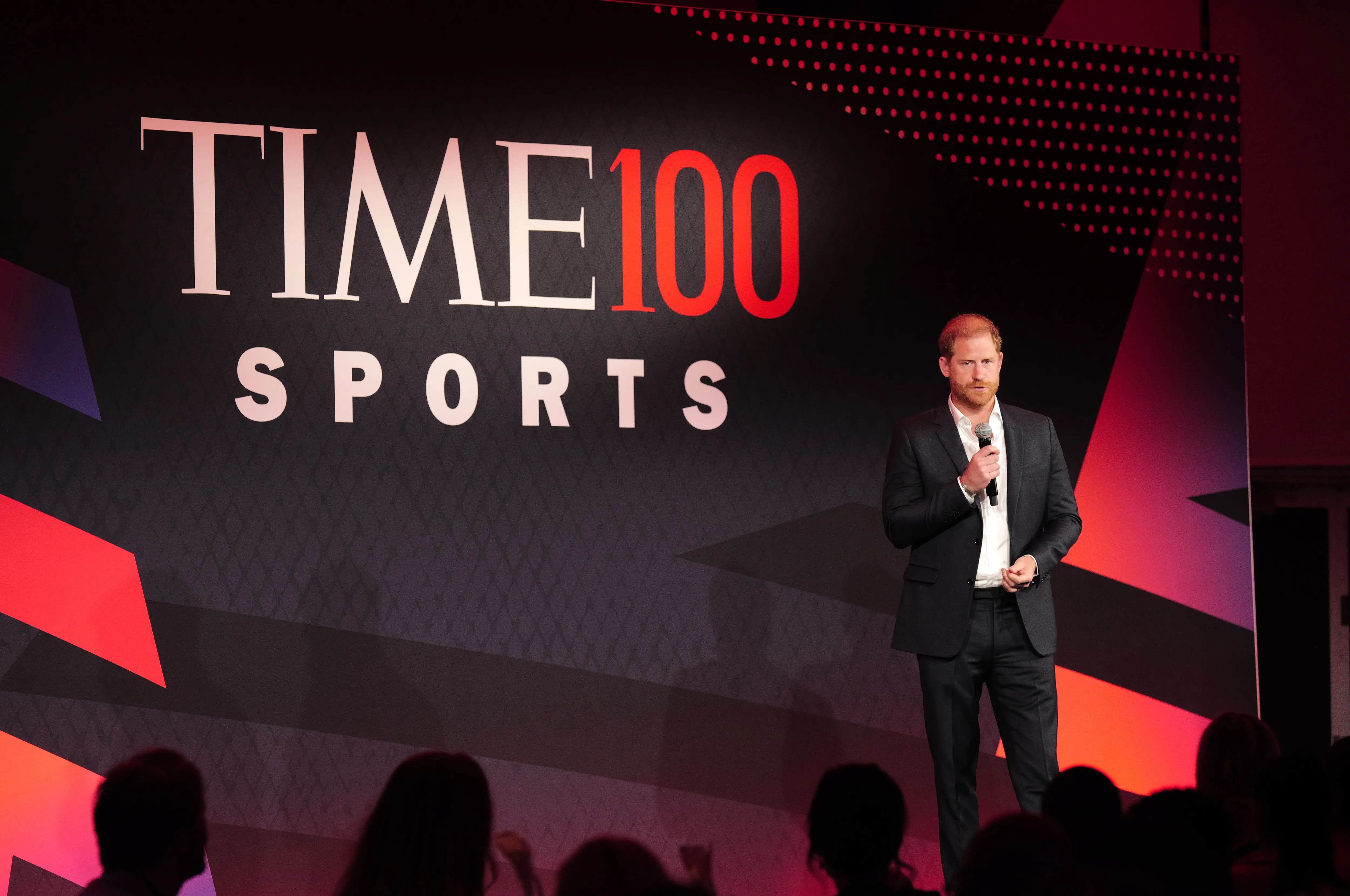 Prince Harry speaking onstage at the TIME100 Sports Gala.