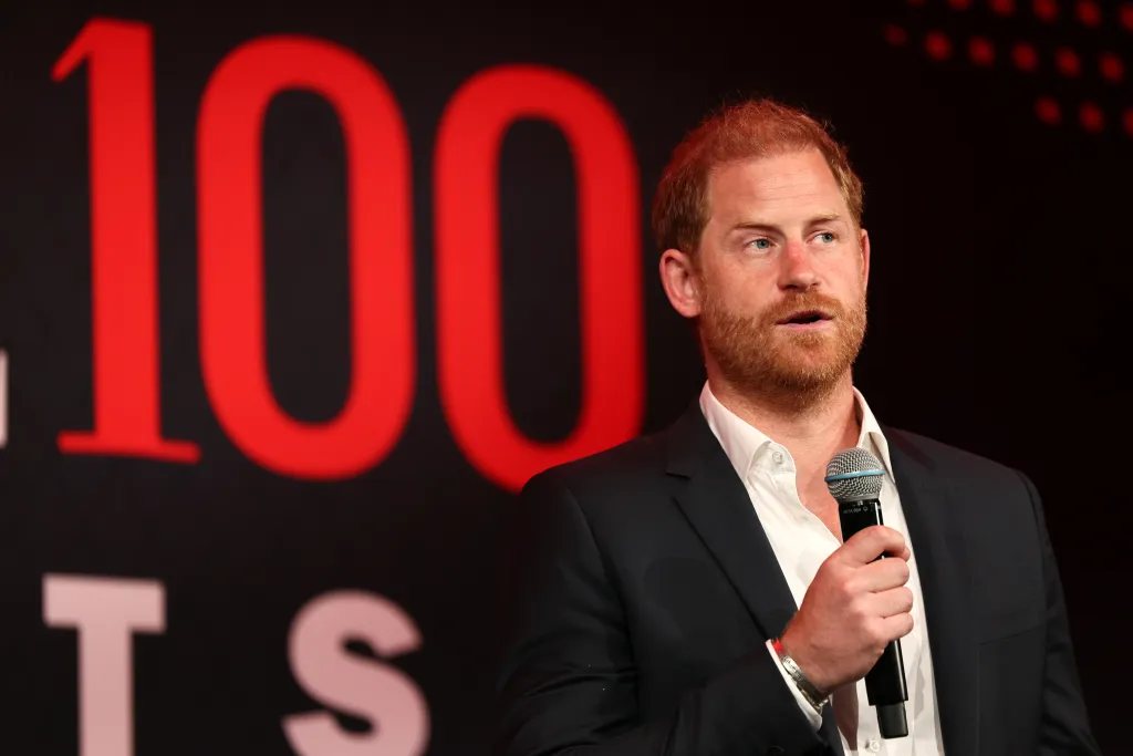 Prince Harry speaking on stage at the TIME100 Sports Gala.
