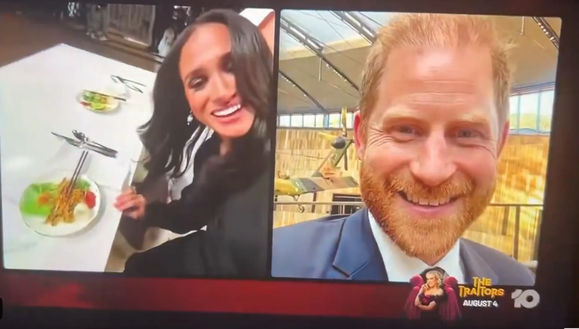 Collage of Meghan Markle on a video call on the left and Prince Harry on the right.