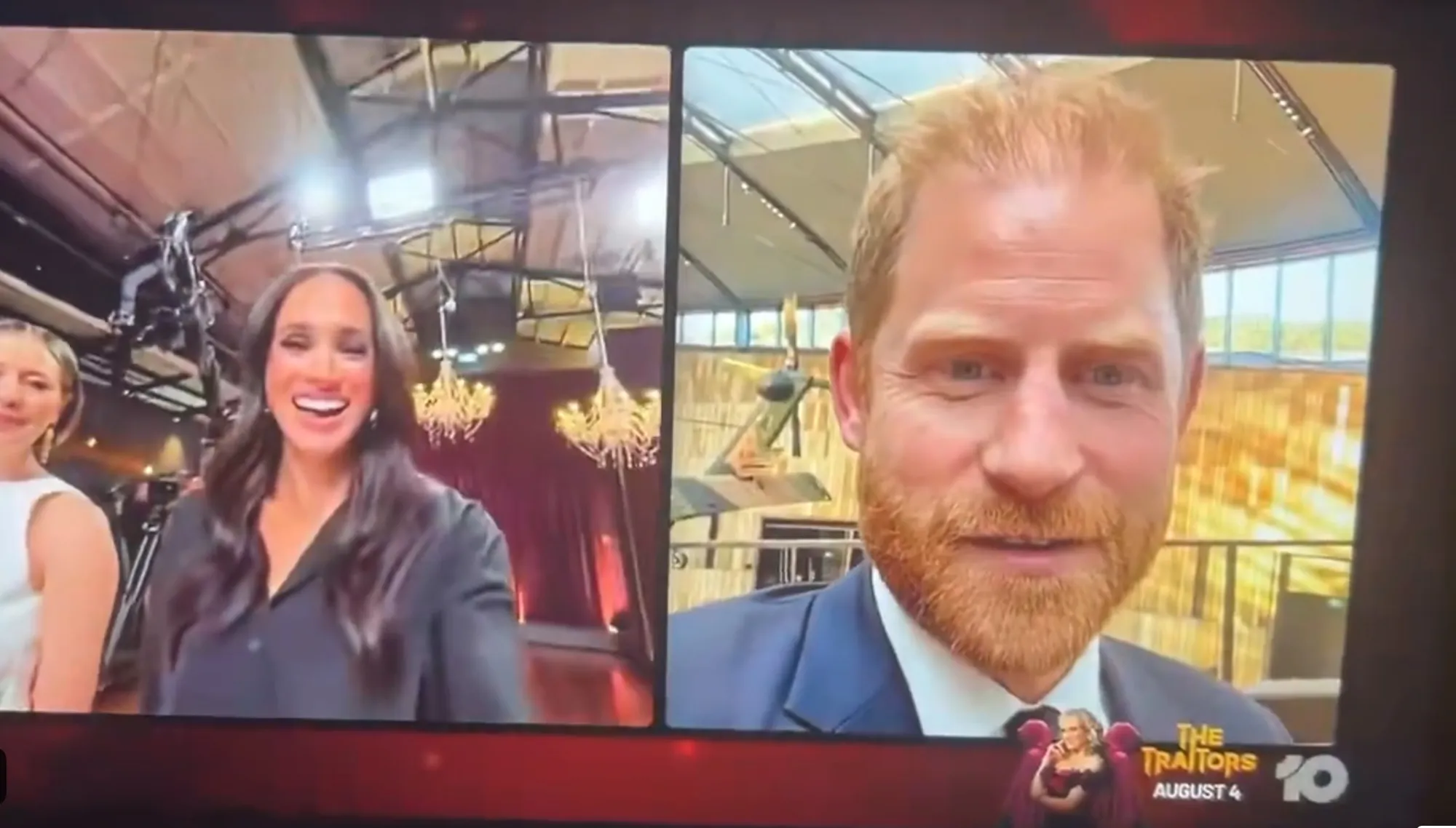 Video call split screen of Meghan Markle smiling on left and Prince Harry on right.