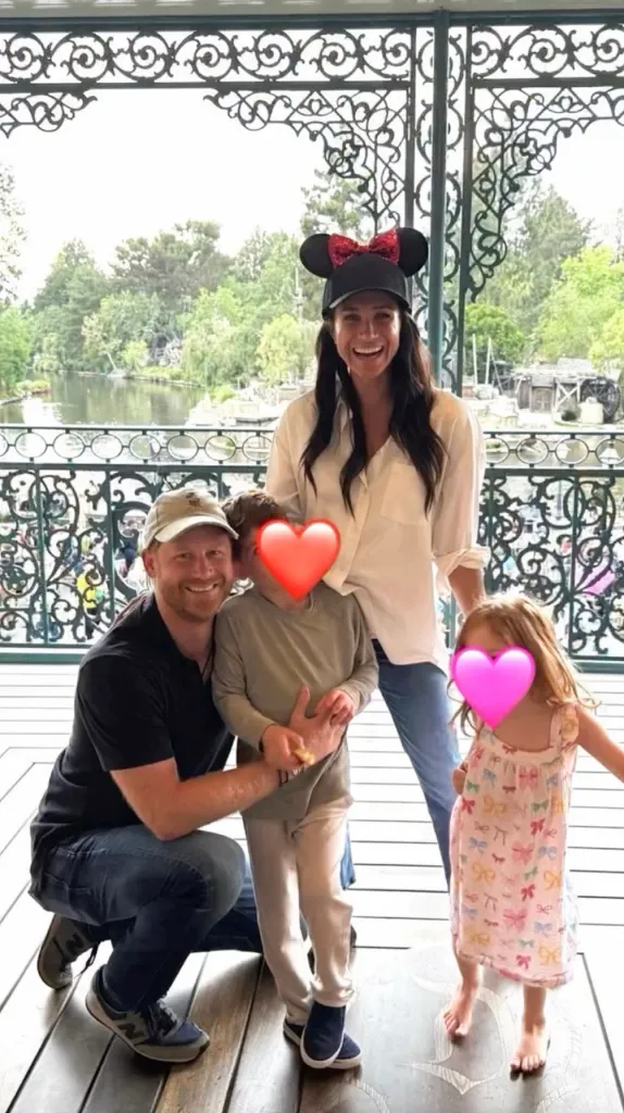 Prince Harry, Meghan Markle, and their children, Archie and Lilibet, smiling at Disneyland.