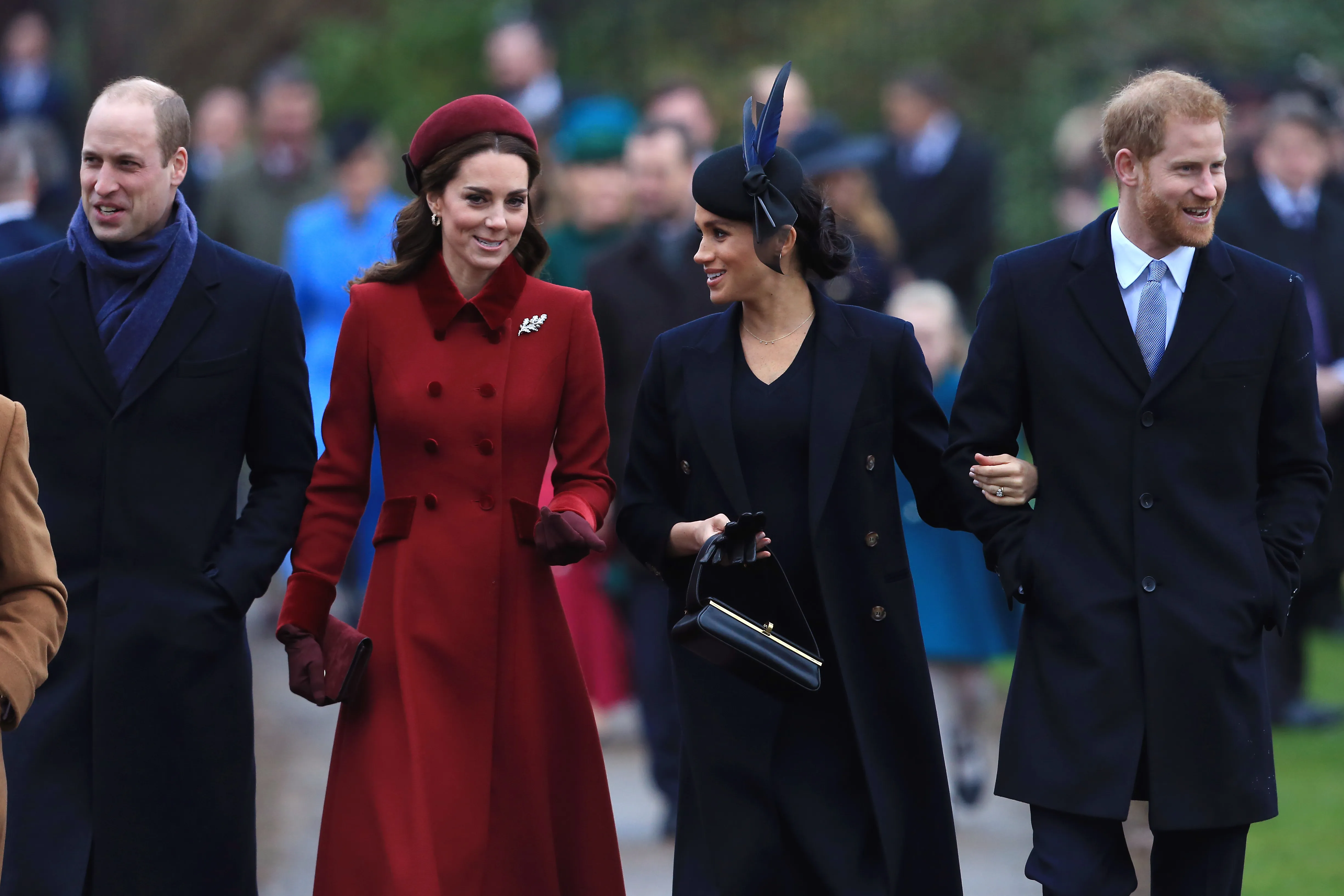 (L-R) Prince William, Duke of Cambridge, Catherine, Duchess of Cambridge, Meghan, Duchess of Sussex and Prince Harry, Duke of Sussex arrive to attend Christmas Day Church service.