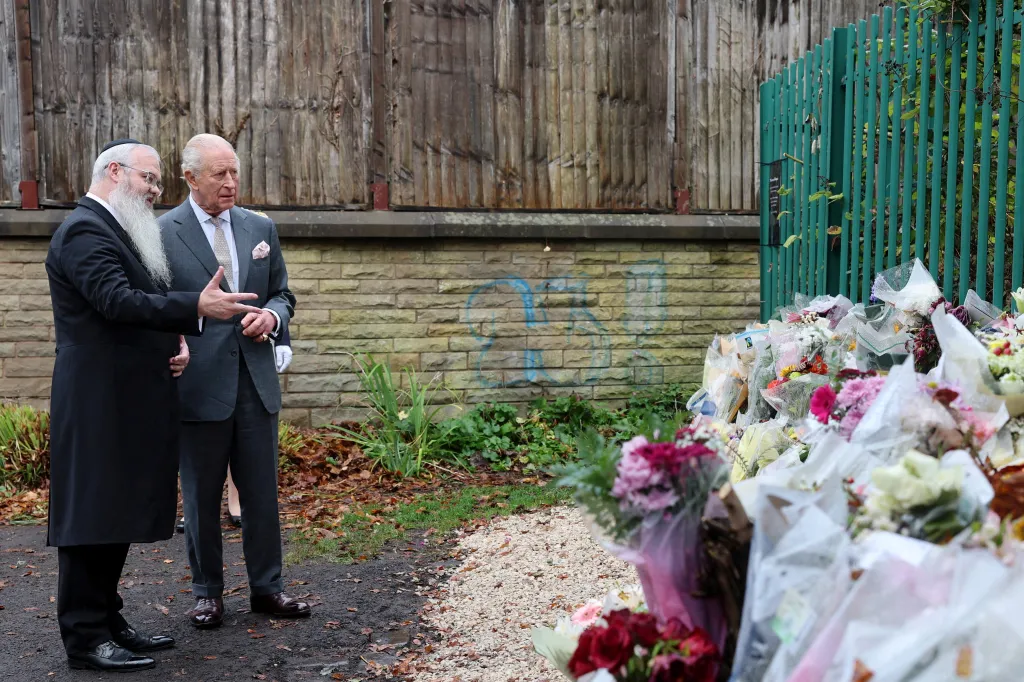 Britain's King Charles and Rabbi Daniel Walker during a visit to Heaton Park Hebrew Congregation Synagogue.