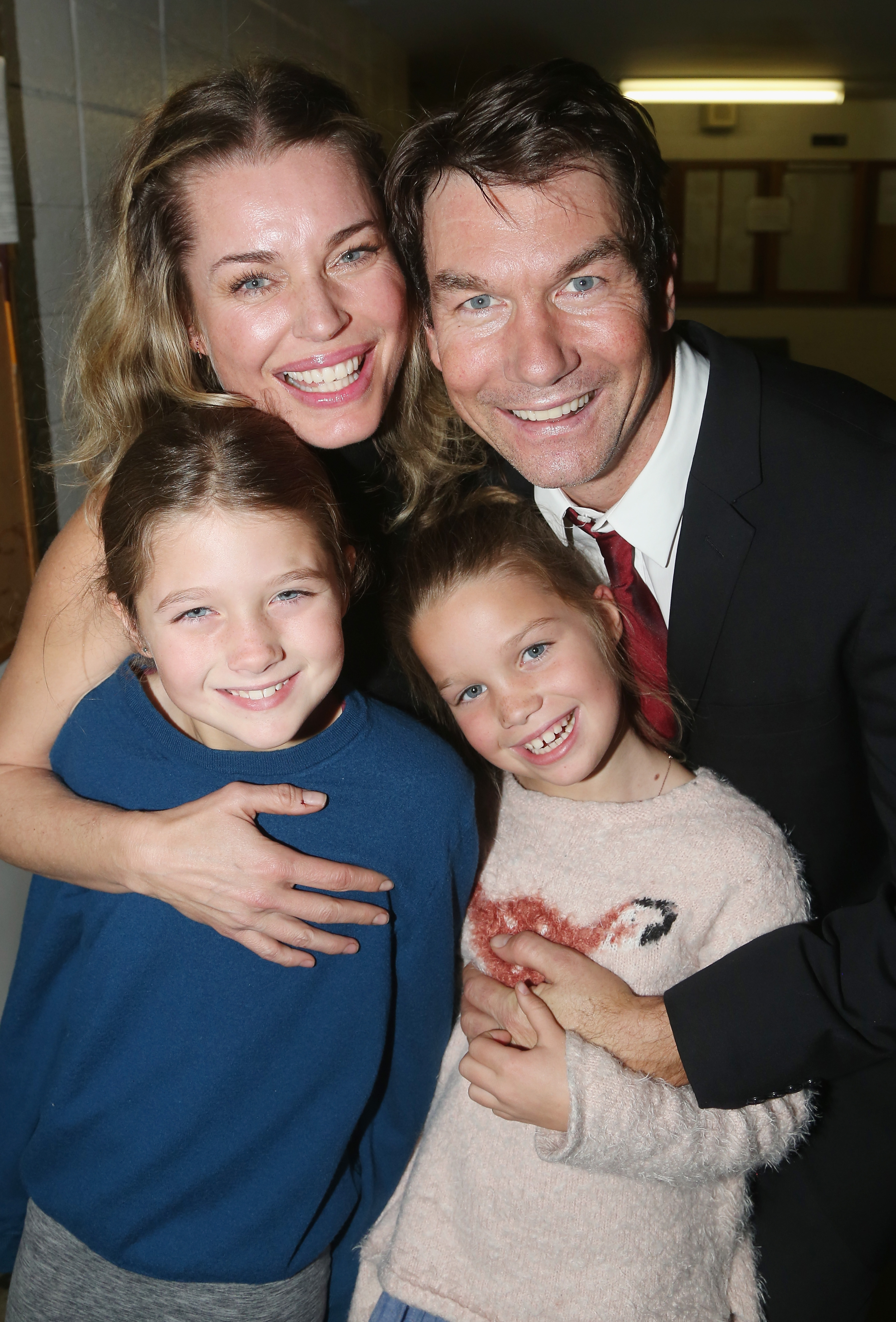 Rebecca Romijn, Jerry O'Connell, and their two daughters, Dolly Rebecca Rose O'Connell and Charlie Tamara Tulip O'Connell, pose together.