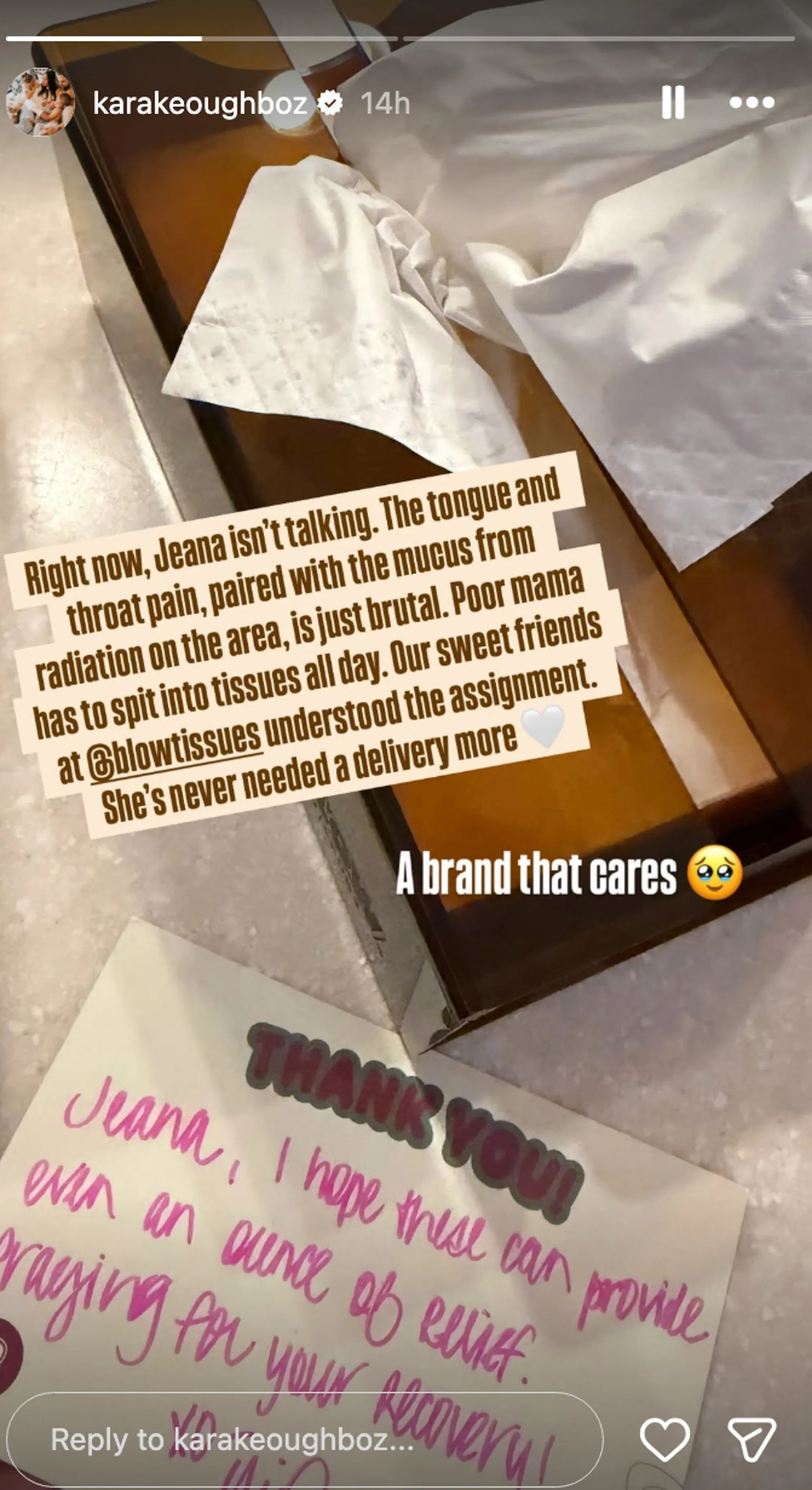 A box of tissues with text overlay from Kara Keough about her mother Jeana's tongue cancer treatment and a card wishing her recovery.