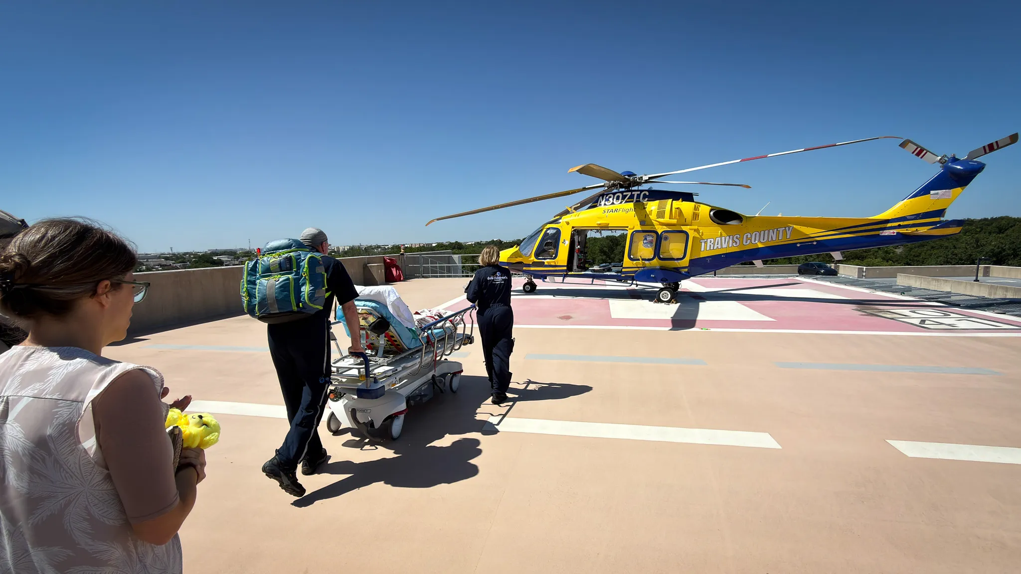 Indiana was first taken to a hospital in Waco, Texas, before doctors determined she needed specialized care in Austin. She was transported by helicopter while Feek followed in his truck.