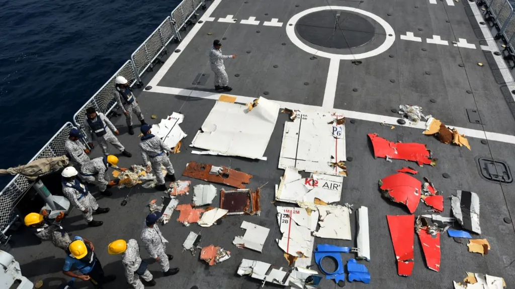 Wreckage of a K2 Airways cargo Boeing 737 aircraft on a naval ship near Ormara, Pakistan.