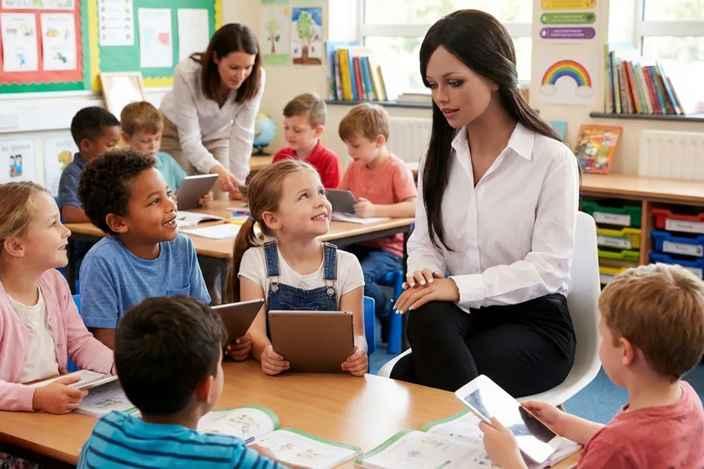 A teacher-bot sits at a table with elementary school children, while another human teacher assists other students in the background.
