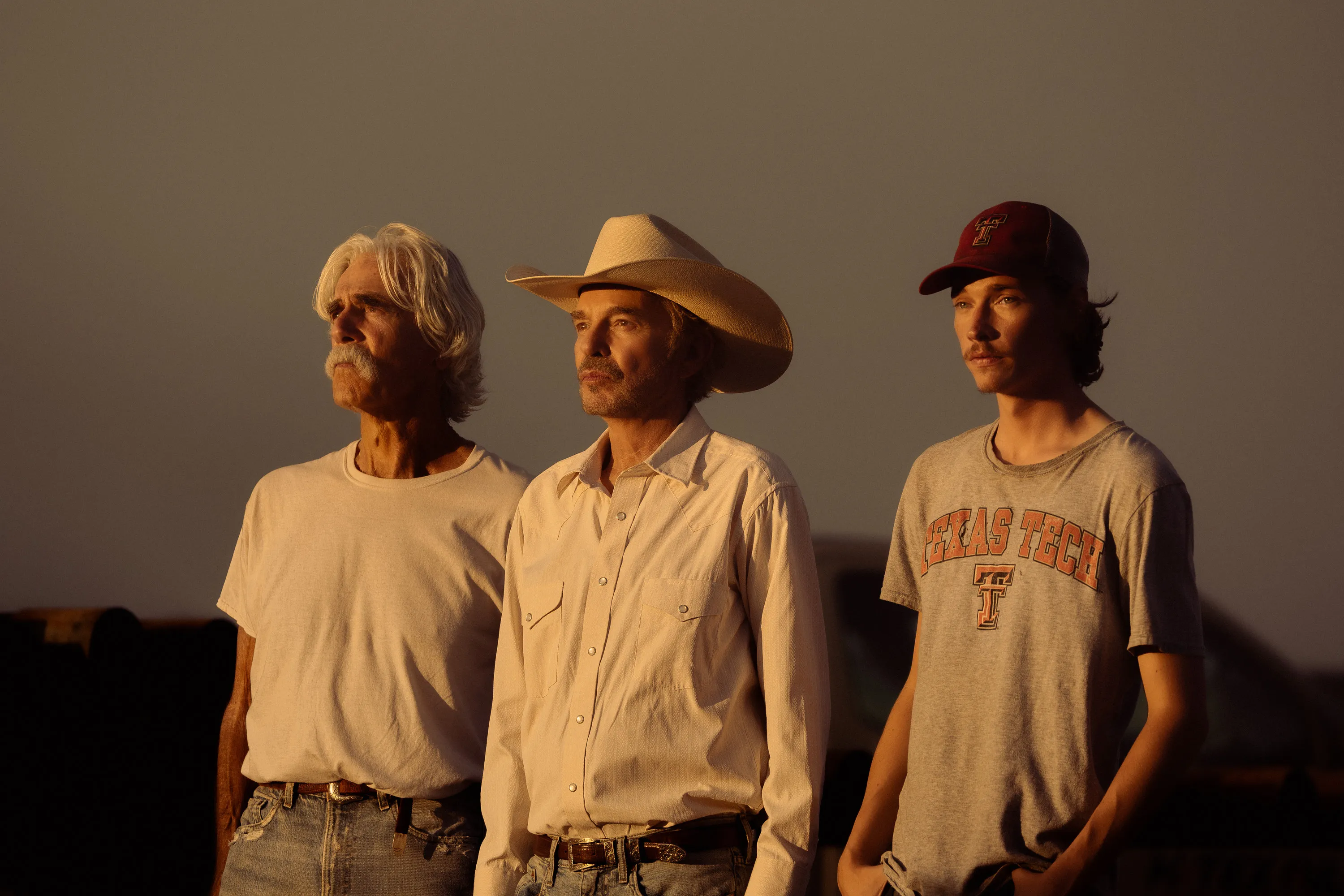Actors Sam Elliott, Billy Bob Thornton, and Jacob Lofland in character.