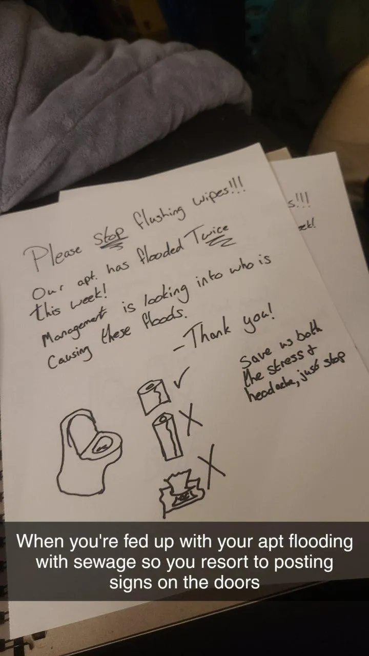 A photo of the note “Sam” left her neighbors about flushing wipes down the toilet.