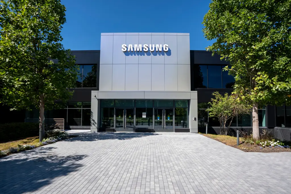 The Samsung logo on the North American Headquarters building.