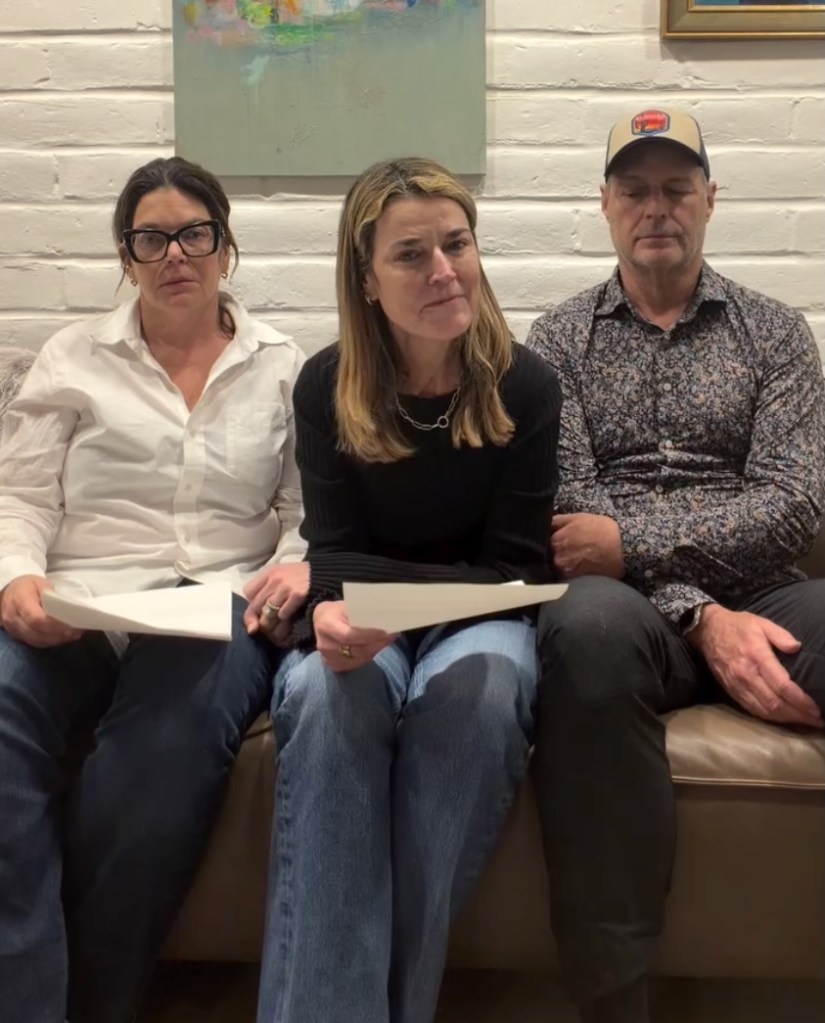 Savannah Guthrie and her siblings, wearing casual clothes, sitting on a couch.