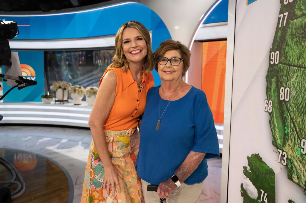 Savannah Guthrie and her mother Nancy Guthrie smiling for a photo in a television studio.