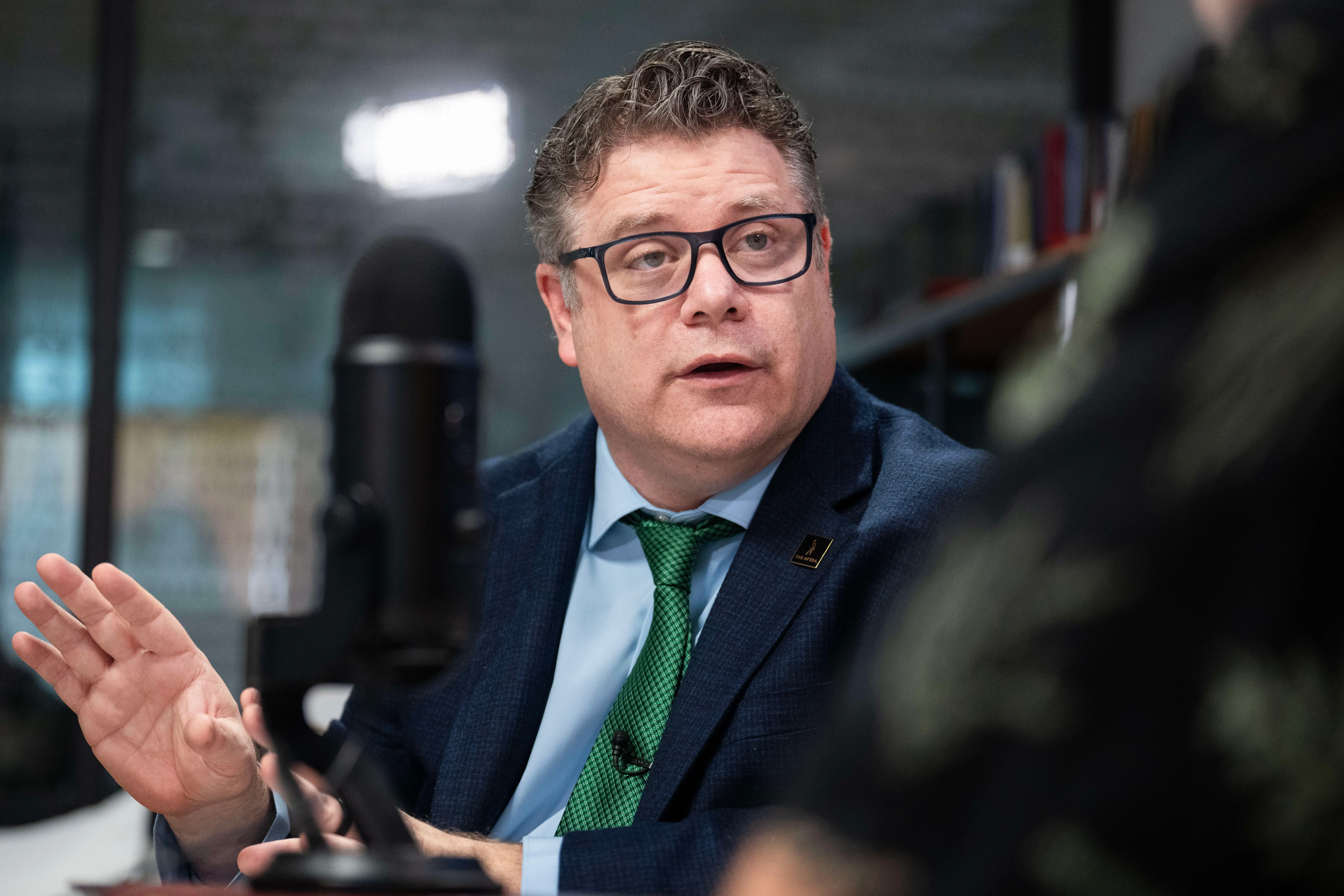 Sean Astin, president of SAG-AFTRA, being interviewed during the Political Theater podcast.