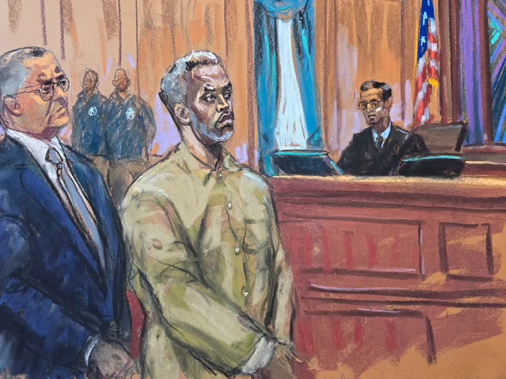 Illustration of Sean "Diddy" Combs arraigned in federal court.