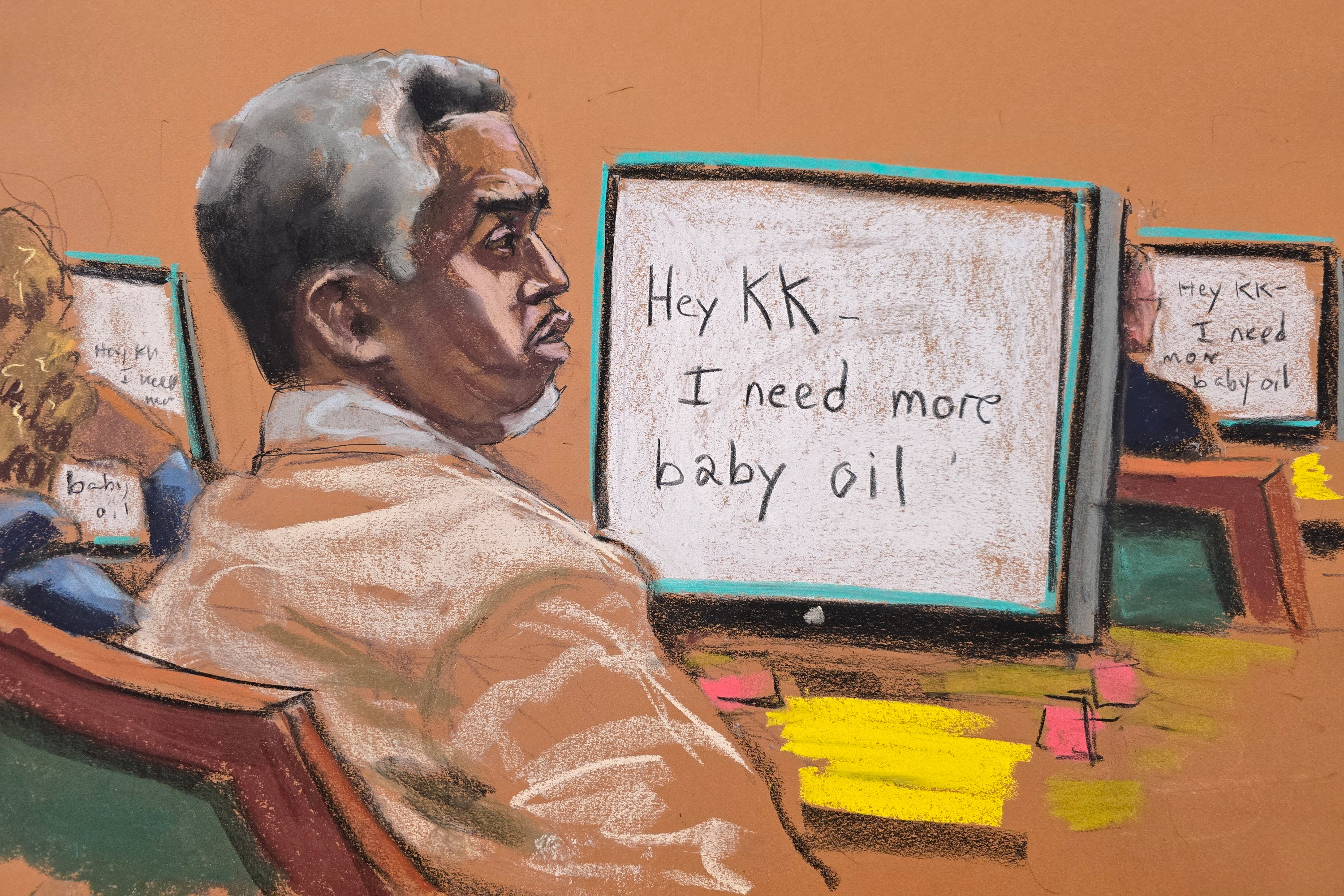 Illustration of Sean "Diddy" Combs watching text messages on a screen in court.