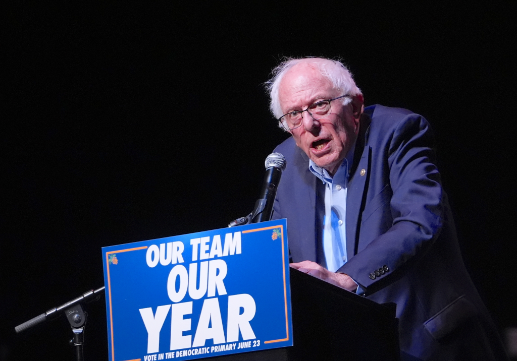 Senator Bernie Sanders speaking at a podium with a microphone, with a blue sign in front that reads "OUR TEAM OUR YEAR."