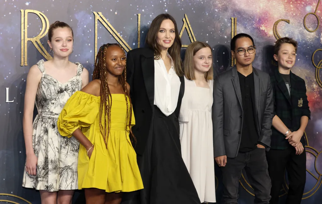 Angelina Jolie with her six children: Shiloh, Zahara, Vivienne, Maddox, and Knox.