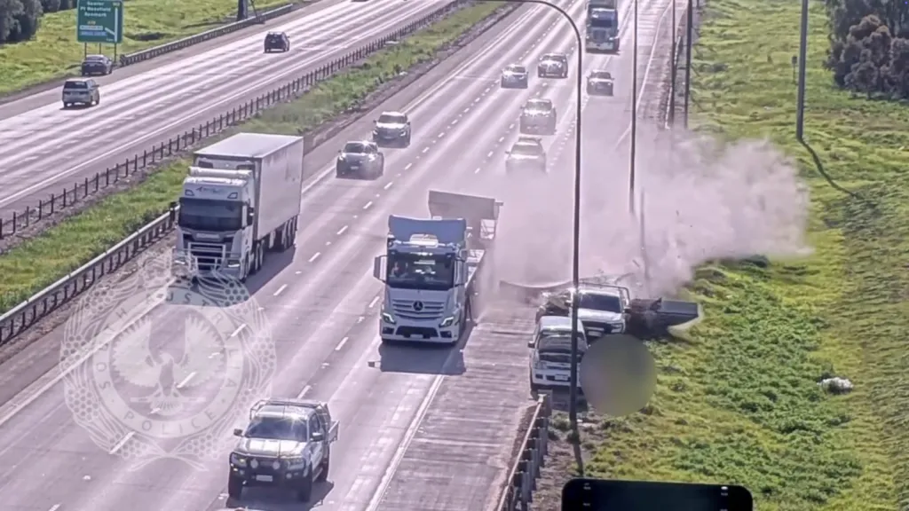 A truck carrying concrete slabs on a highway, with two slabs having fallen off and impacted parked cars.