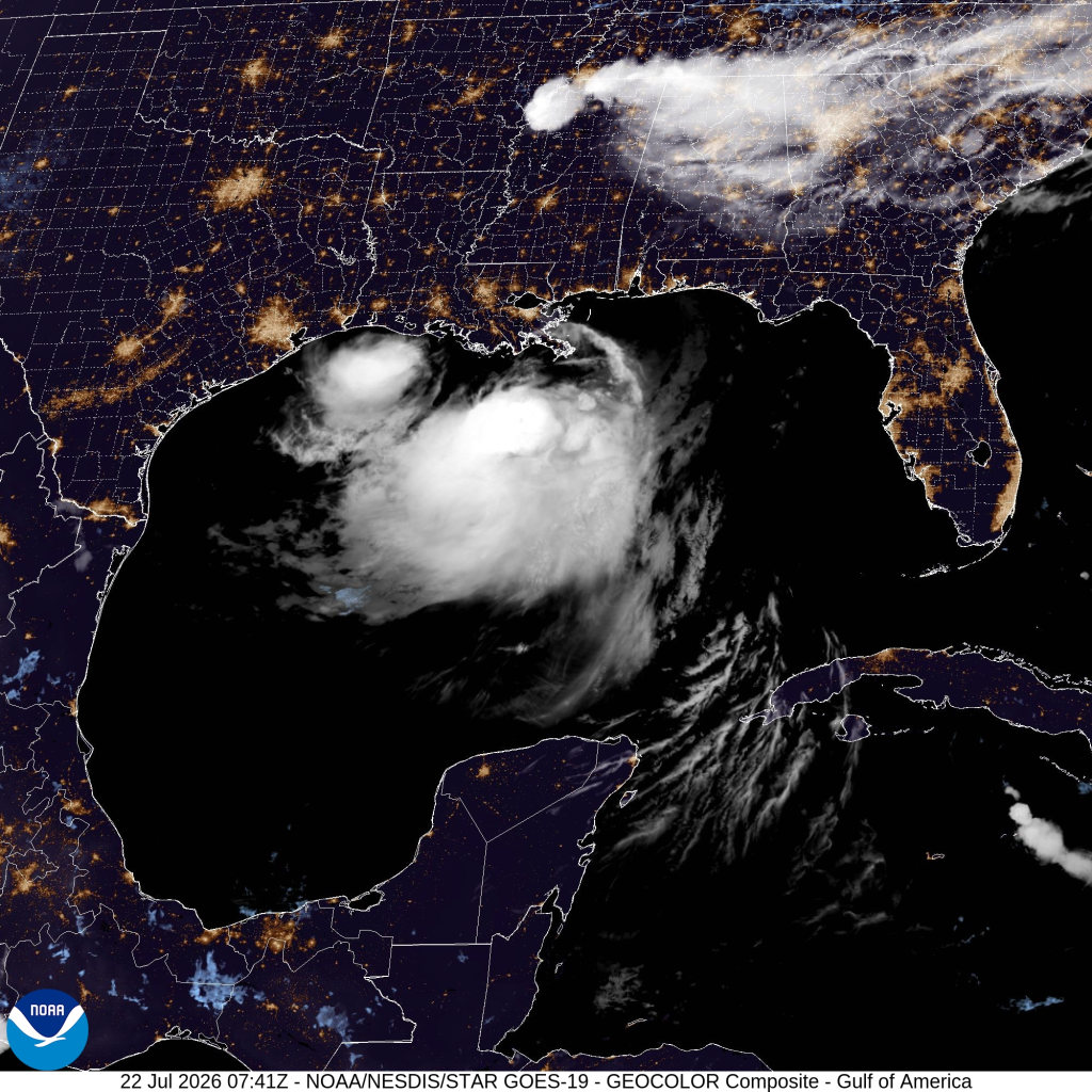 satellite image from the National Oceanic and Atmospheric Administration (NOAA) shows Tropical Storm Bertha