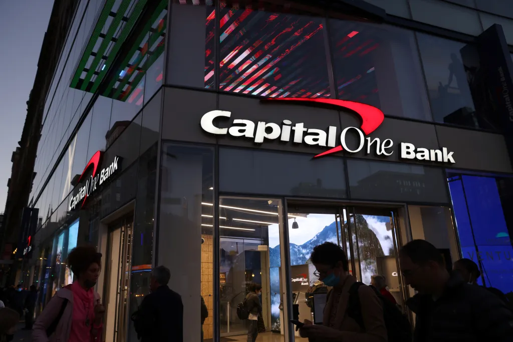 Signage for a Capital One Bank branch in Manhattan.