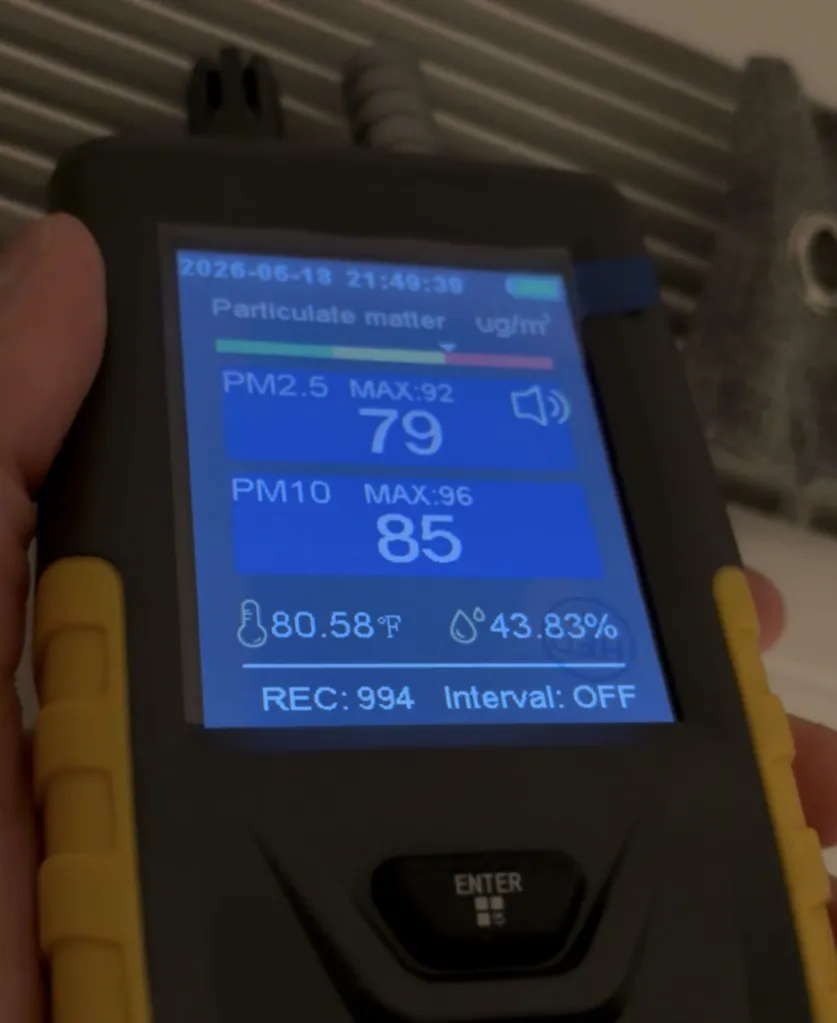 Image of the results of an air quality monitoring machine, as taken from court documents in the case by the board at 368 Third Avenue against a homeowner.