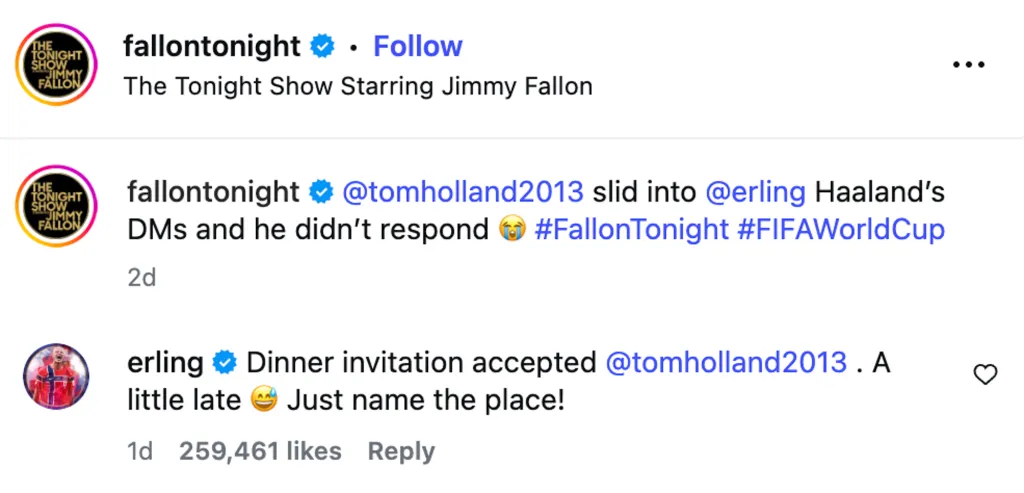 A social media post from "fallontonight" showing a message from "erling" accepting a dinner invitation from Tom Holland.