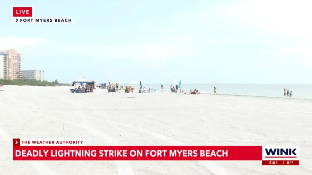 A crowded Fort Myers beach with news banners indicating a deadly lightning strike.