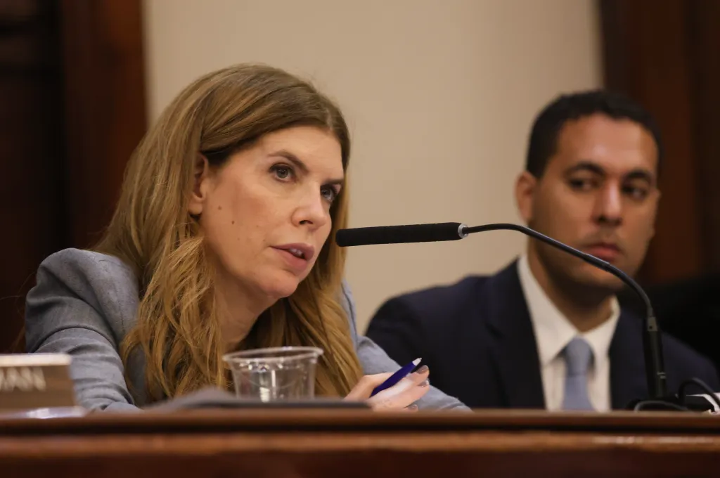 Speaker of the New York City Council Julie Menin speaks at a City Council hearing about the dissolution of the carriage industry in New York in Manhattan, NY on July 15, 2026.