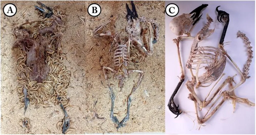 Collage of a crow specimen being cleaned by superworms: initially covered (A), partially cleaned (B), and fully defleshed (C).