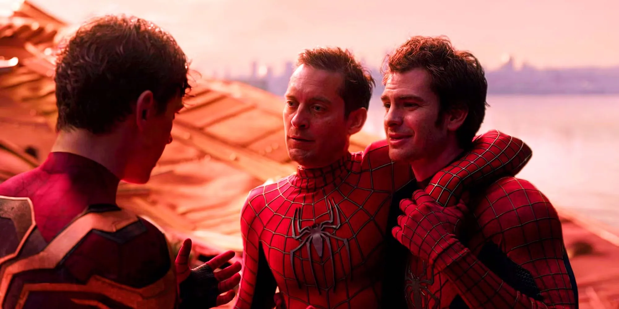 Tom Holland, Tobey Maguire, and Andrew Garfield as Spider-Man in "Spider-Man: No Way Home."
