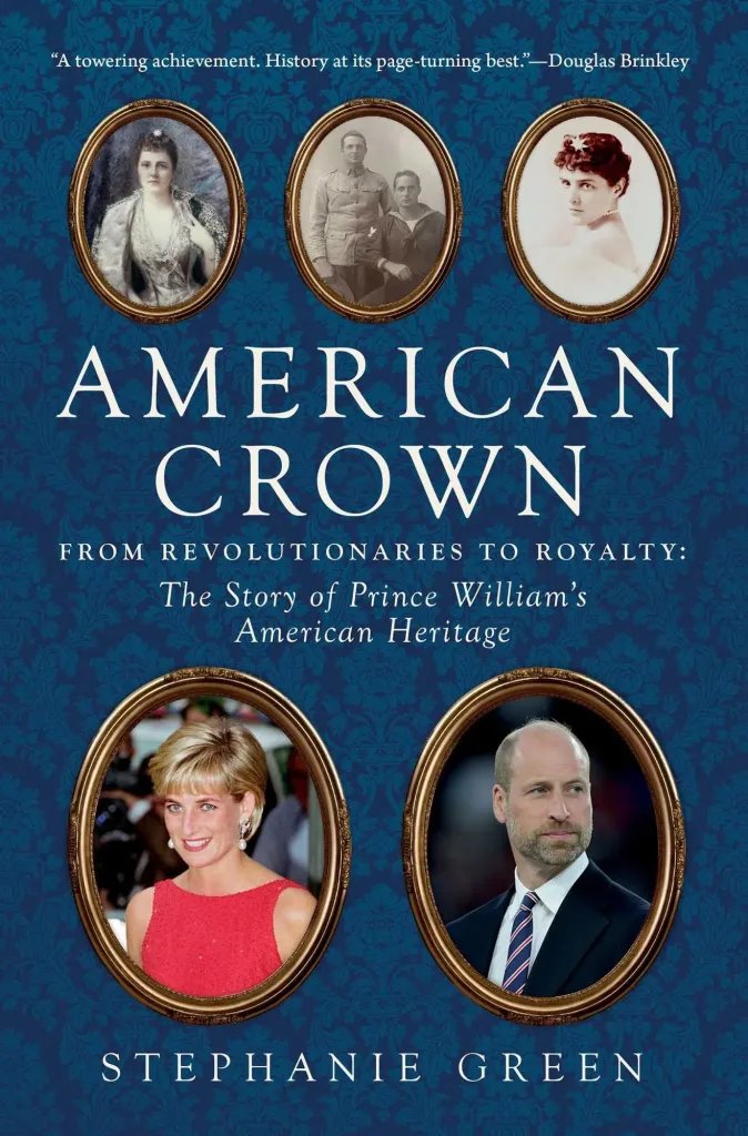 Book cover for "American Crown" featuring portraits of historical figures, Princess Diana, and Prince William.