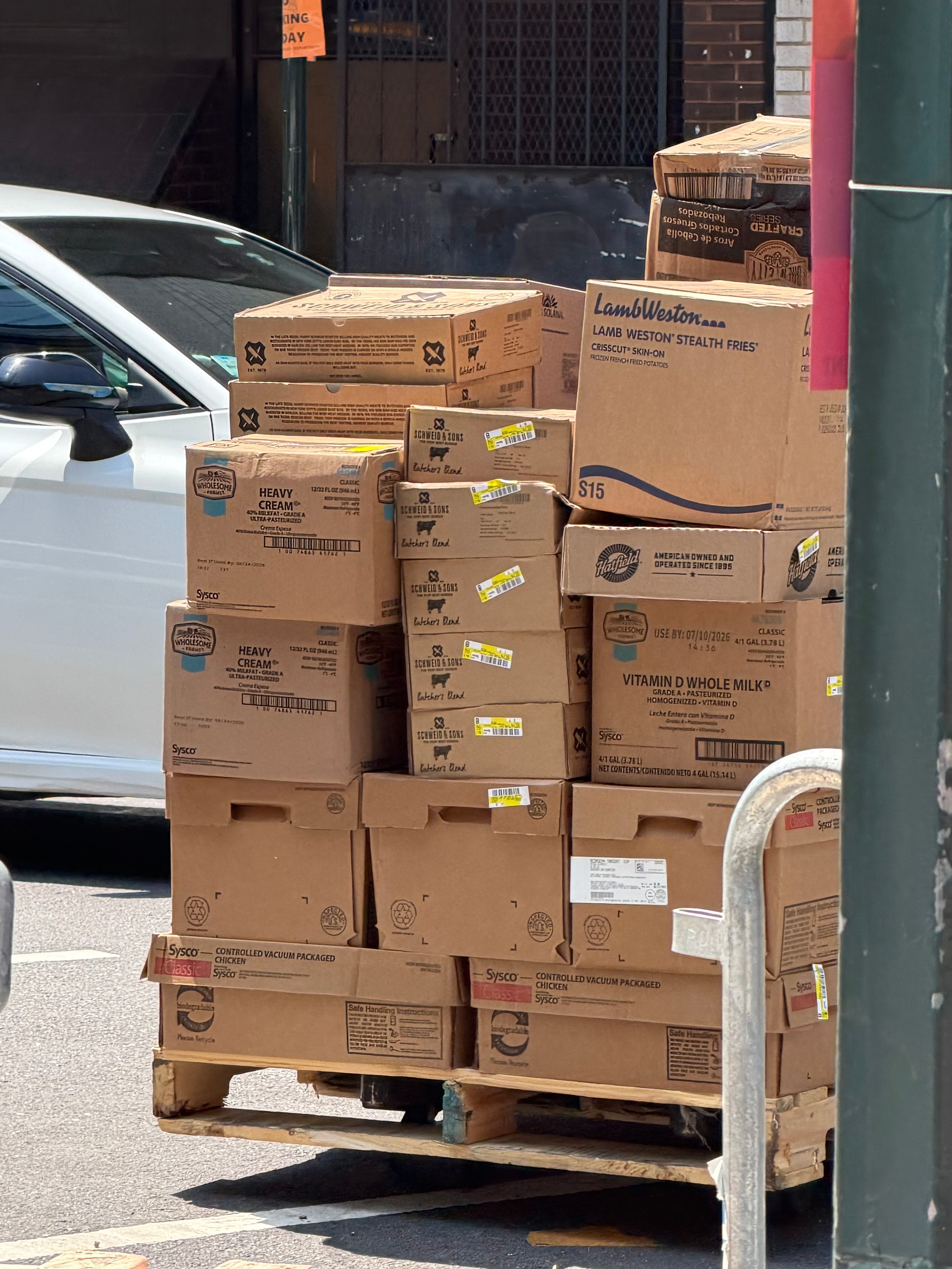Pallets of food, including heavy cream, whole milk, french fries, chicken, and beef, delivered to Madison Square Garden.