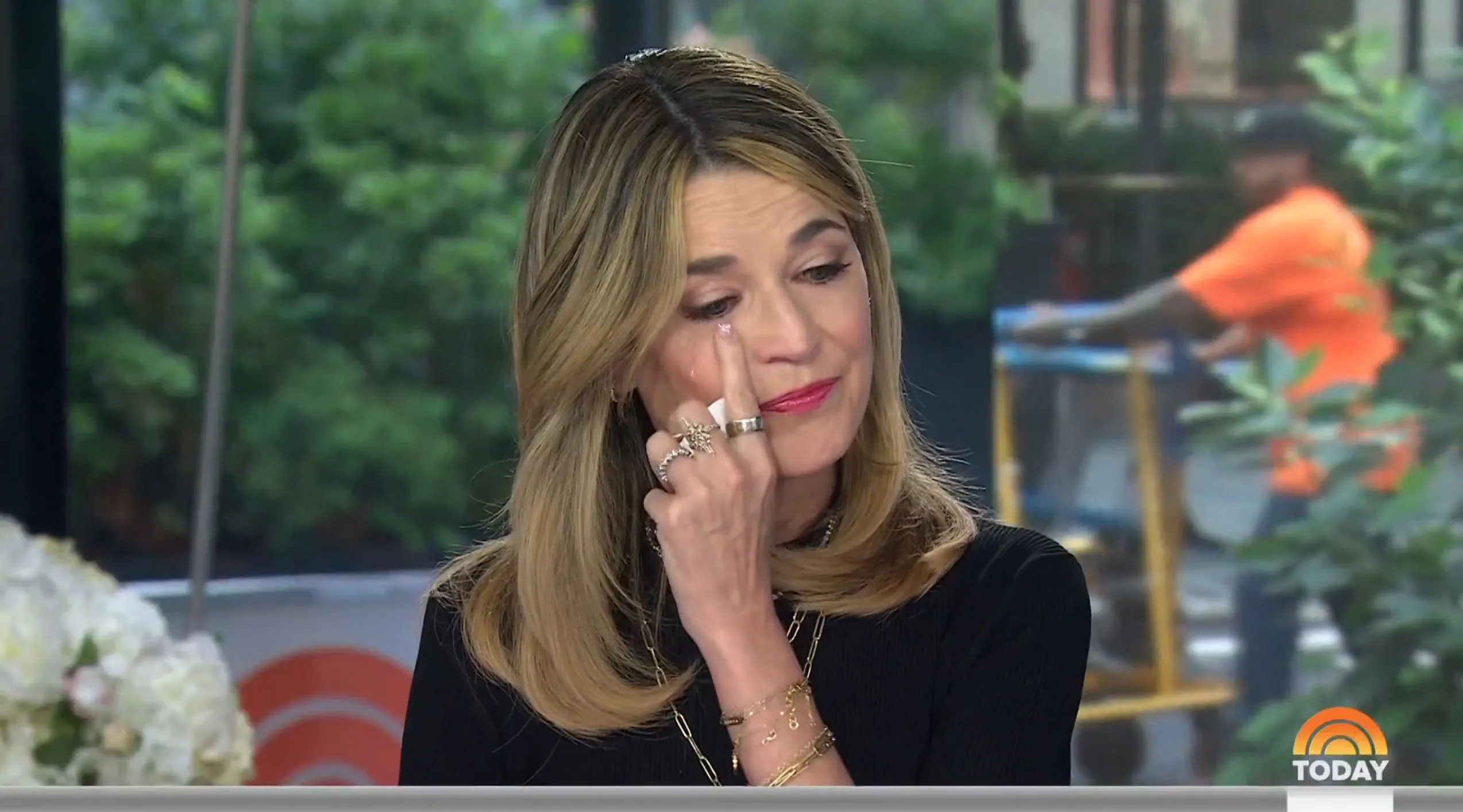 Savannah Guthrie tearing up and wiping her eye while on the "Today" show.