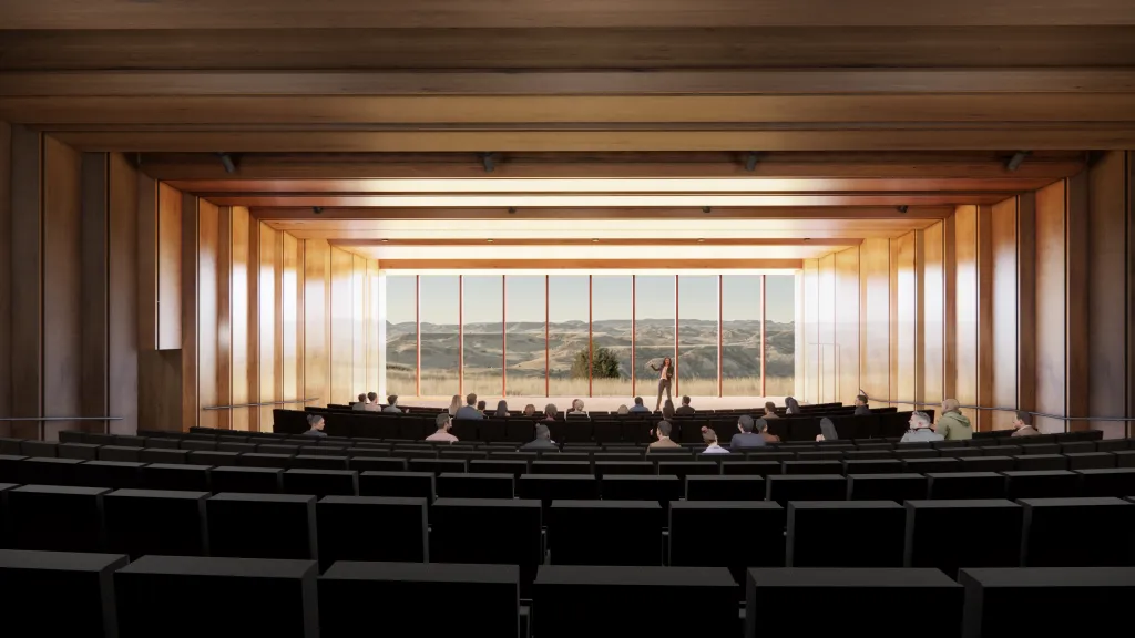 Illustration of the Theodore Roosevelt Presidential Library auditorium with a large window overlooking a landscape.