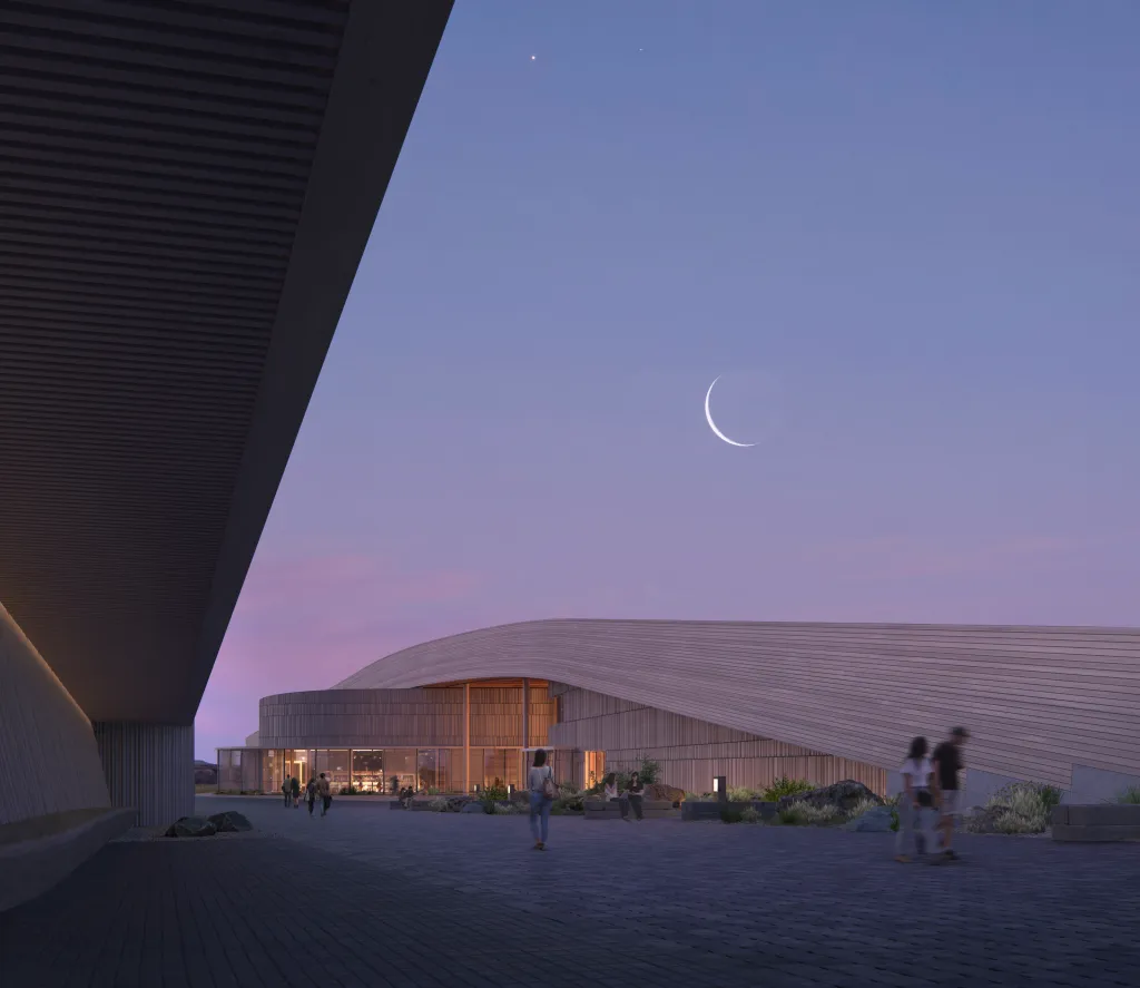 Illustration of the Theodore Roosevelt Presidential Library building at dusk with a crescent moon and people walking outside.