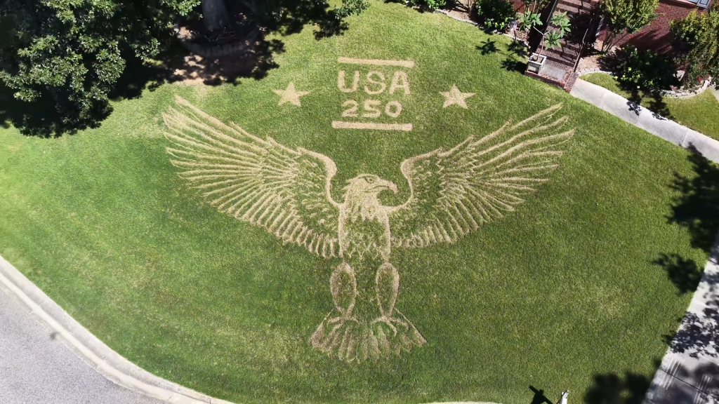A bald eagle mural with the words USA 250 are engraved into the front lawn of an Alabama home ahead of the Fourth of July.