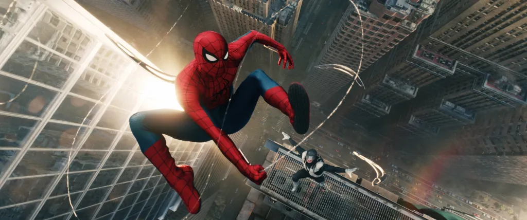 Spider-Man leaps between buildings in a city as Boomerang falls below.