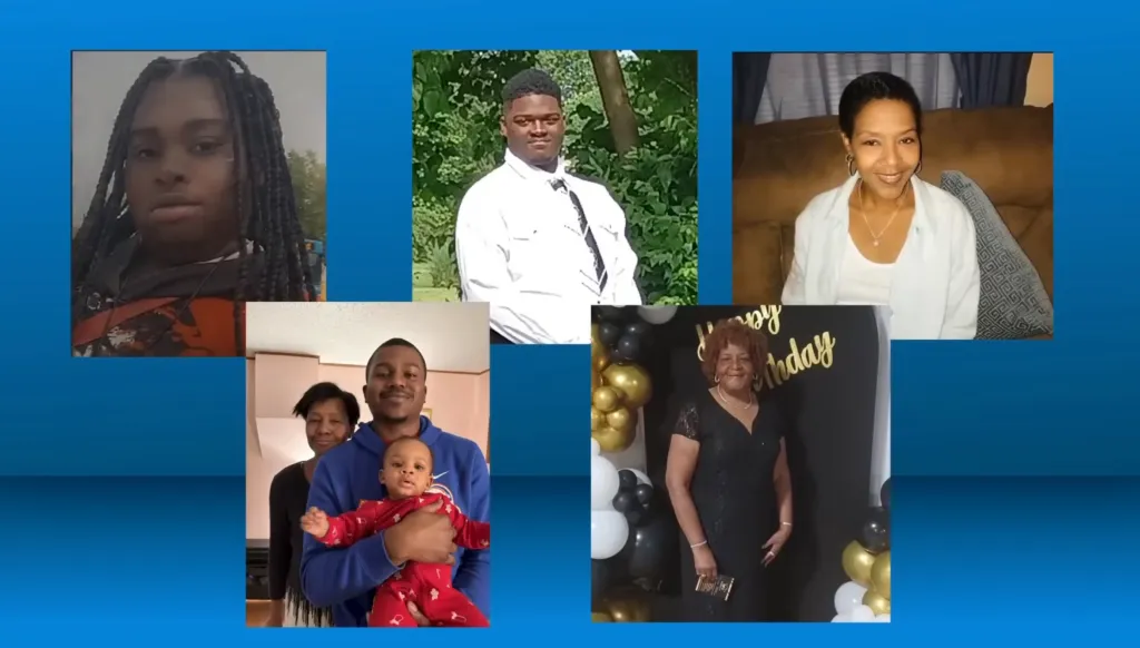 Collage of five images of Shania Thompson, Quentin Thompson, Cheri May, Devin May, and Patricia May.