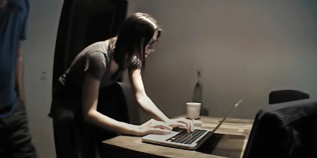 Angela from "A Toxic Love Story" using a laptop.