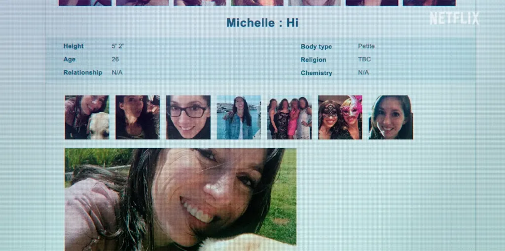 A woman's online dating profile showing her name, physical characteristics, relationship status, and a collage of small photos.