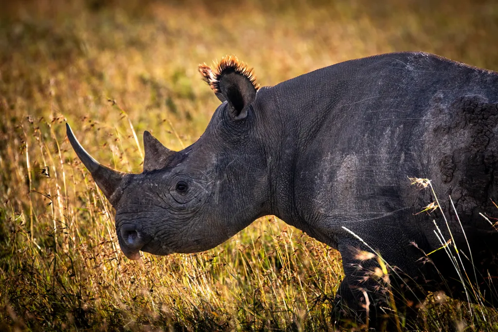Eastern Black Rhino in golden grass.