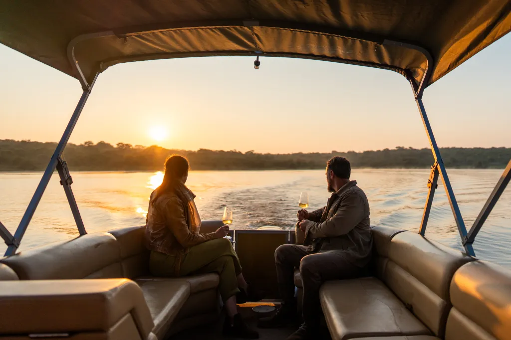 Two people enjoying a sunset boat safari in Africa.