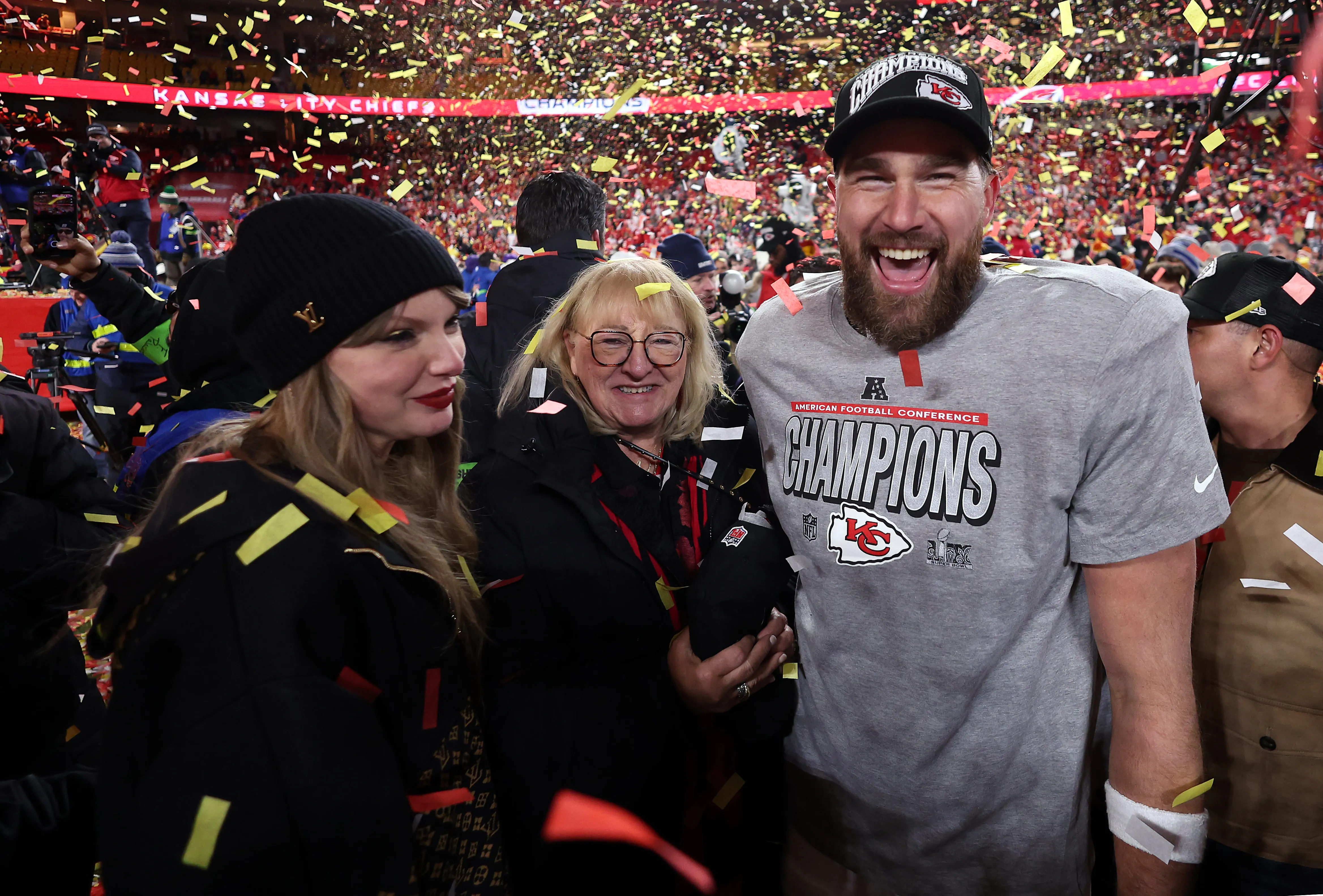 Travis Kelce, Donna Kelce, and Taylor Swift celebrating the Chiefs' AFC Championship win.