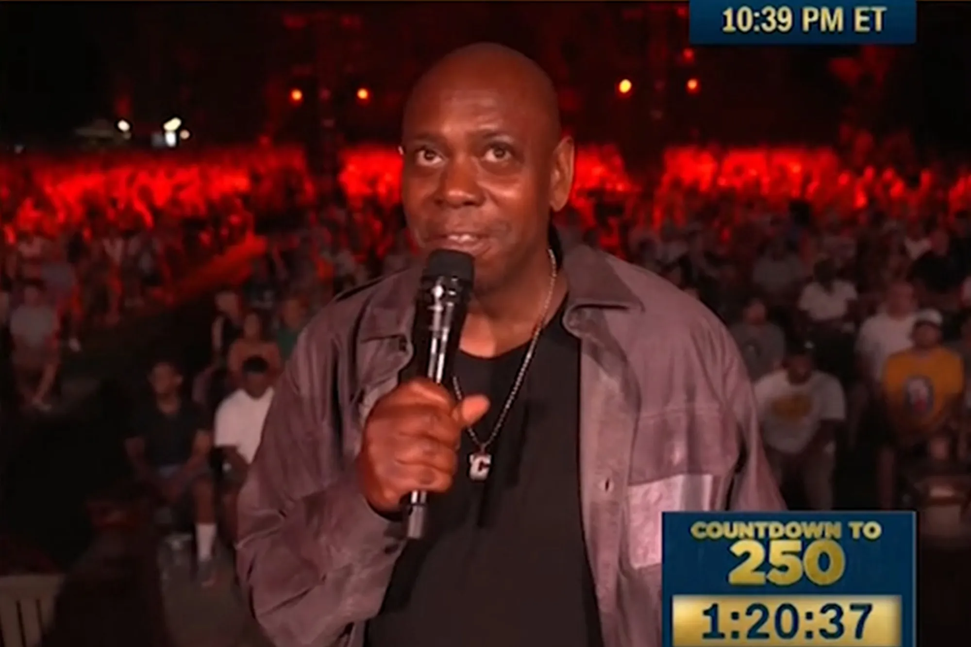 Dave Chappelle speaking into a microphone on stage in front of a red-lit audience.