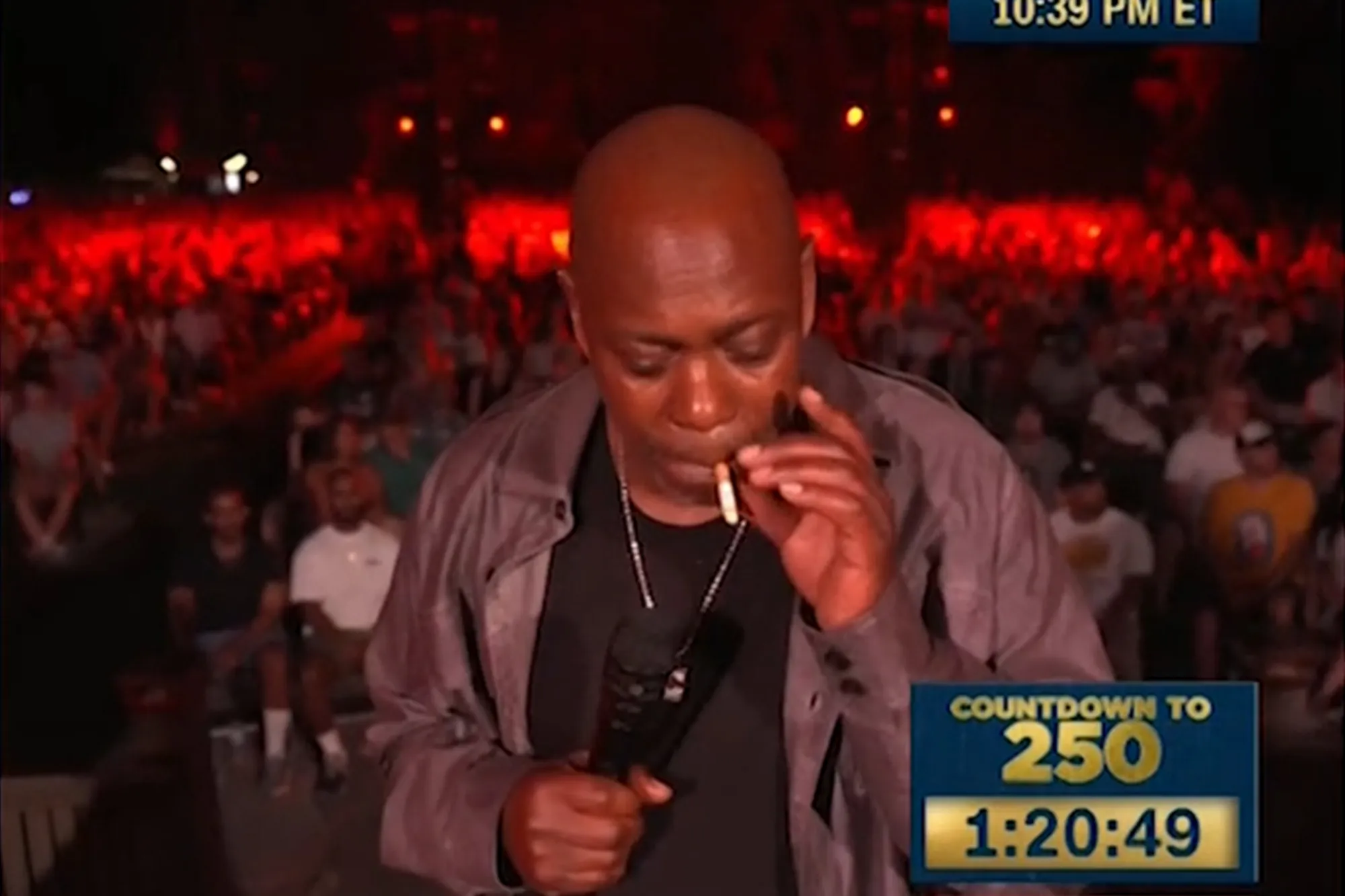 Dave Chappelle smoking while holding a microphone at a live show.
