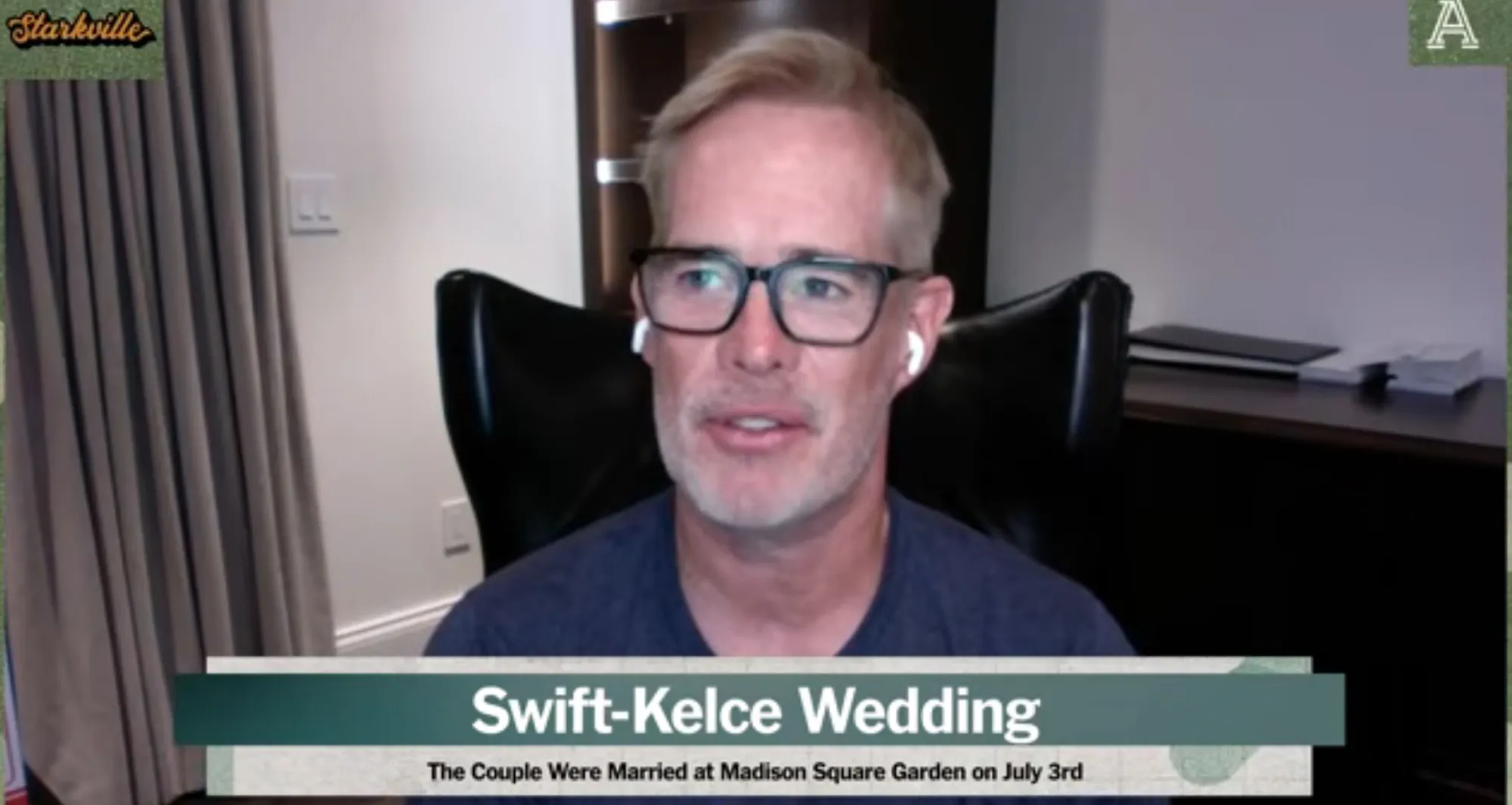 A blonde man with glasses and earbuds in a video call, discussing the "Swift-Kelce Wedding."